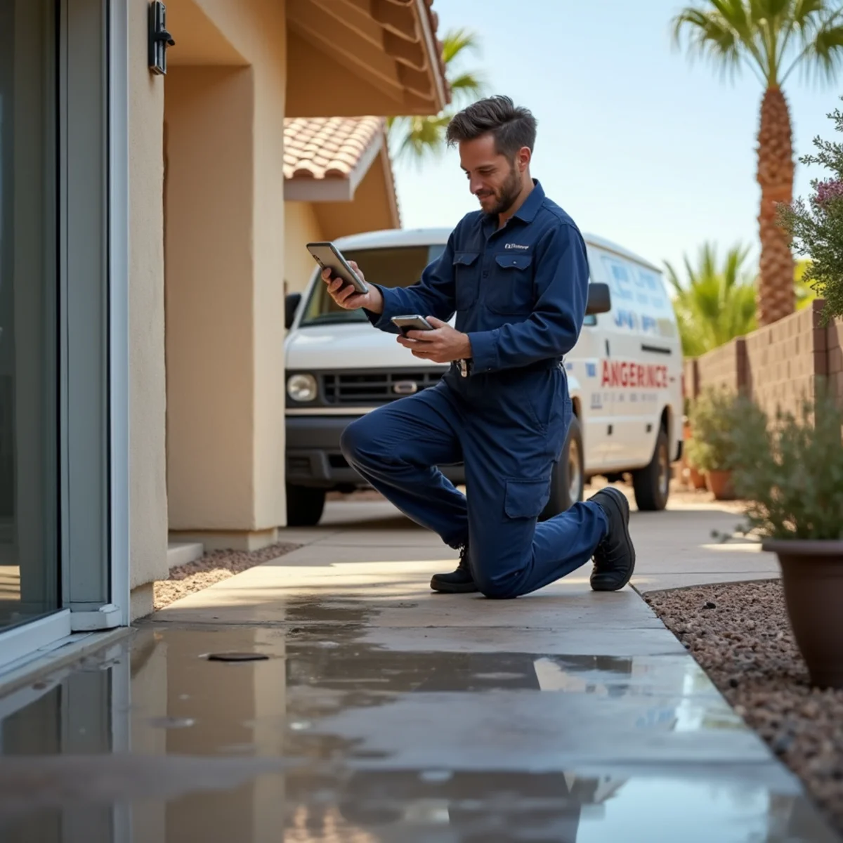 Homeowner photographing burst-pipe water damage for an insurance claim