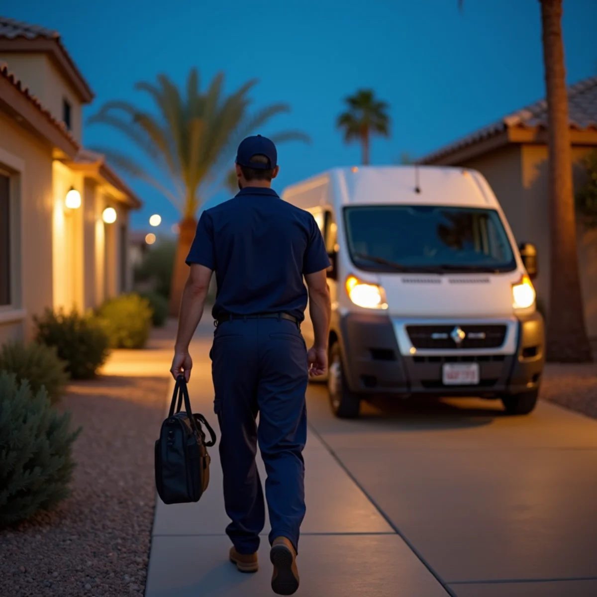 Licensed Madrid Plumbing emergency plumber arriving at a Buckeye home at night