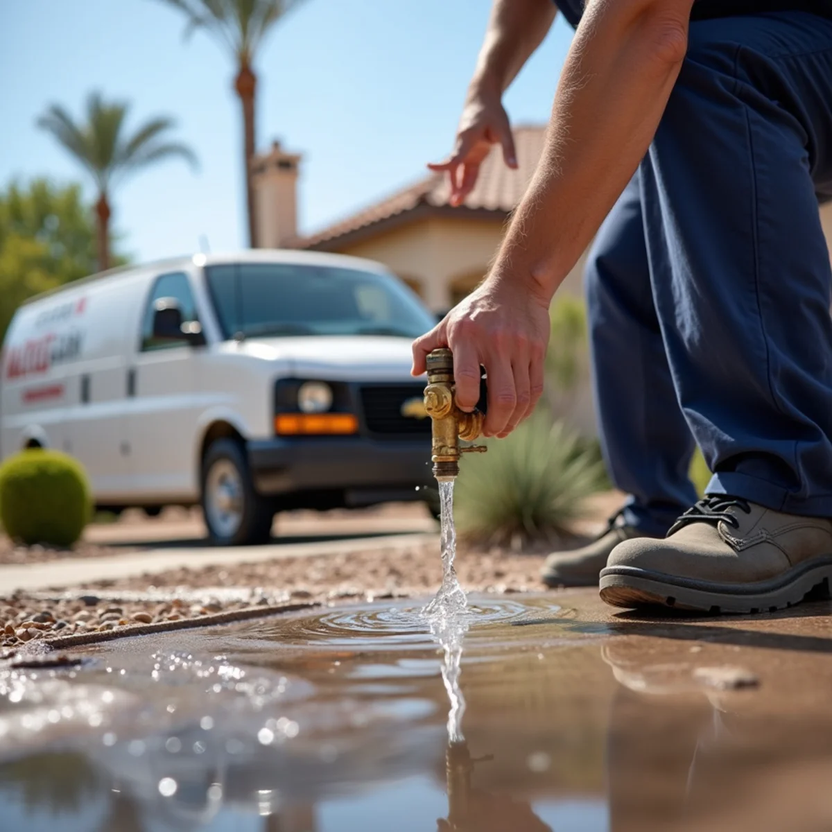 Water spraying from a burst copper pipe under a sink in a Buckeye, AZ home
