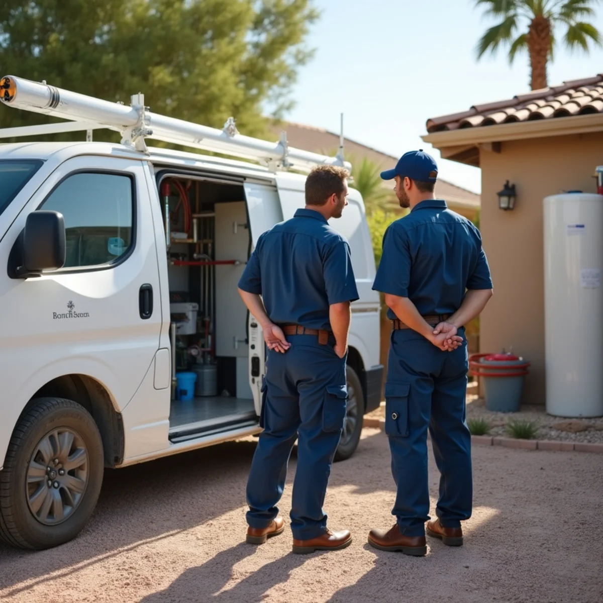 Commercial water heater and plumbing manifold in a Tolleson, AZ property mechanical room
