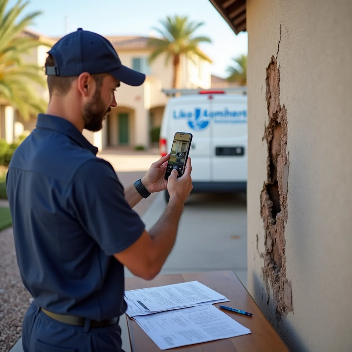 Homeowner photographing water damage on a ceiling for an insurance claim in Goodyear, AZ