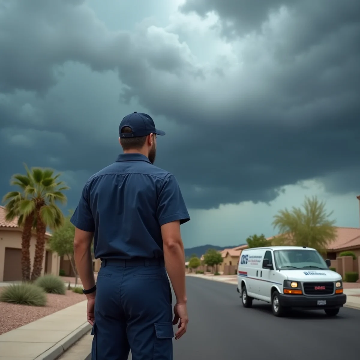 Heavy monsoon rain flooding a residential street in Laveen, AZ