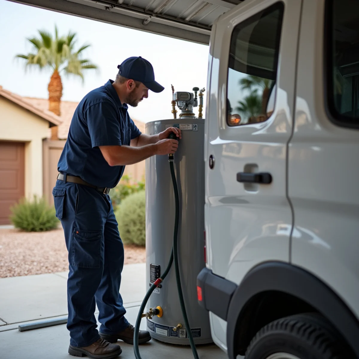 Plumber flushing sediment from a water heater in an Arizona garage
