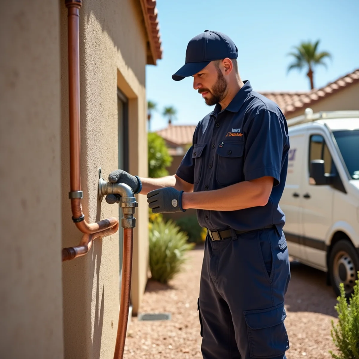 Exposed exterior water pipe on the sun-exposed wall of a Phoenix, AZ home