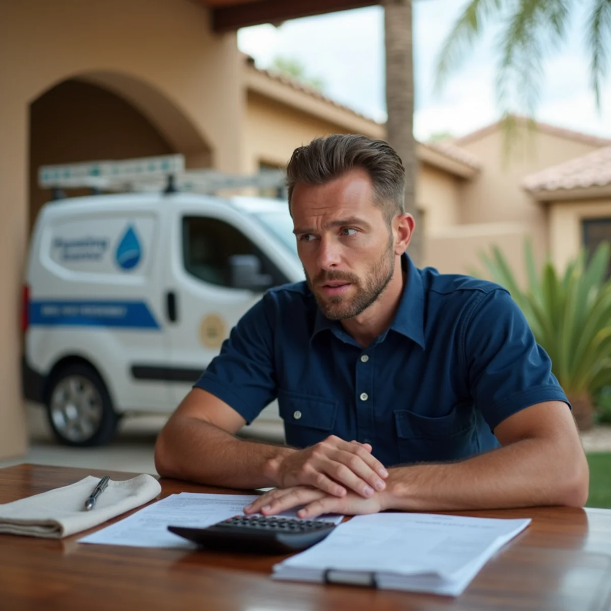 Homeowner reviewing an unexpectedly high water bill at a kitchen table