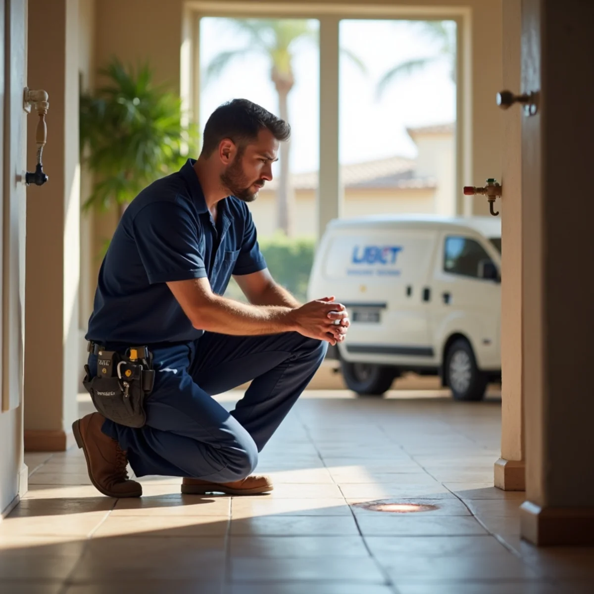 Warm damp spot on a tile floor indicating a slab leak in a Buckeye, AZ home