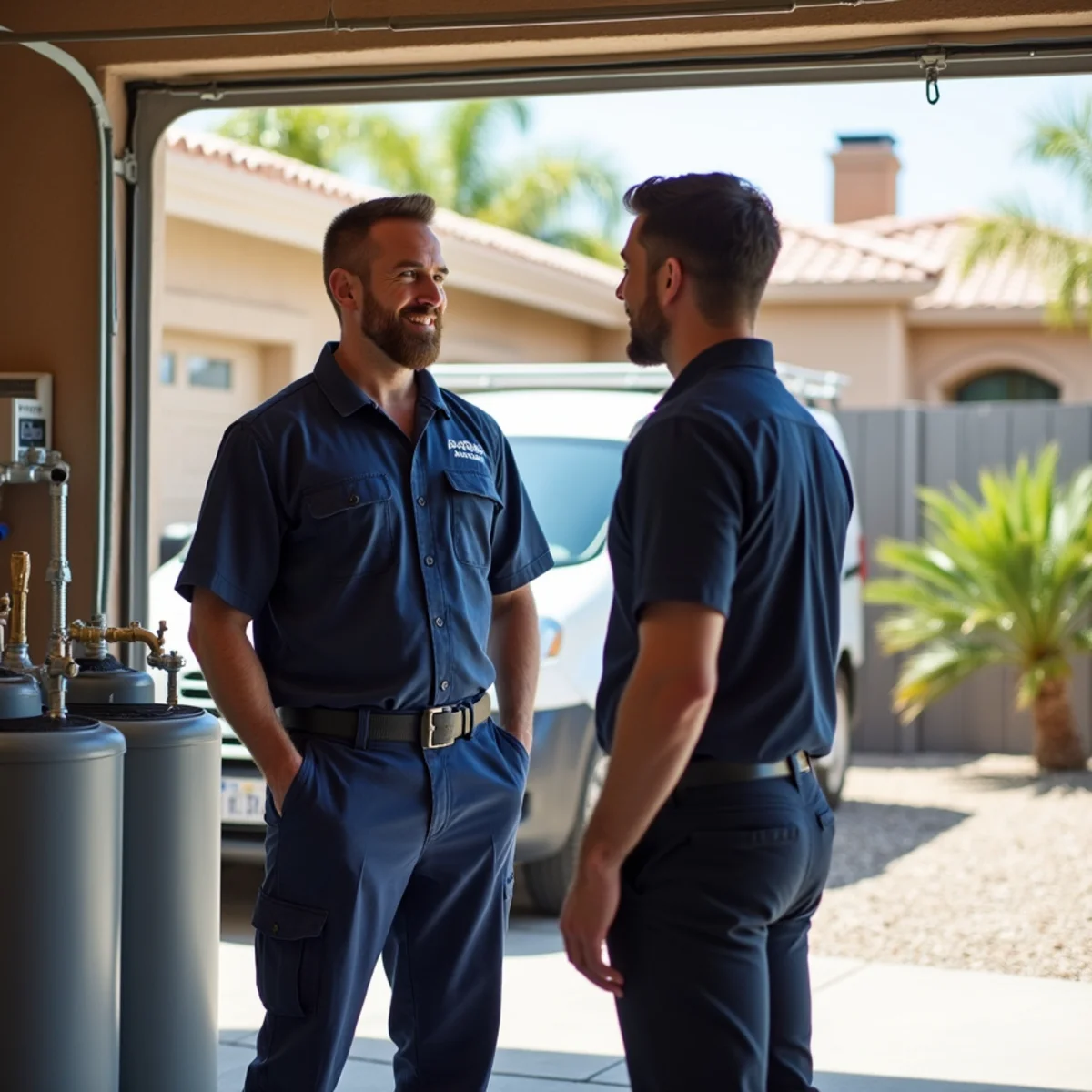 Whole-home water softener system installed in a garage in Buckeye, AZ