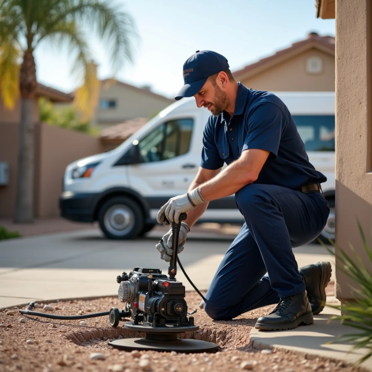 Madrid Plumbing technician clearing a stubborn drain clog in a Buckeye, AZ bathroom