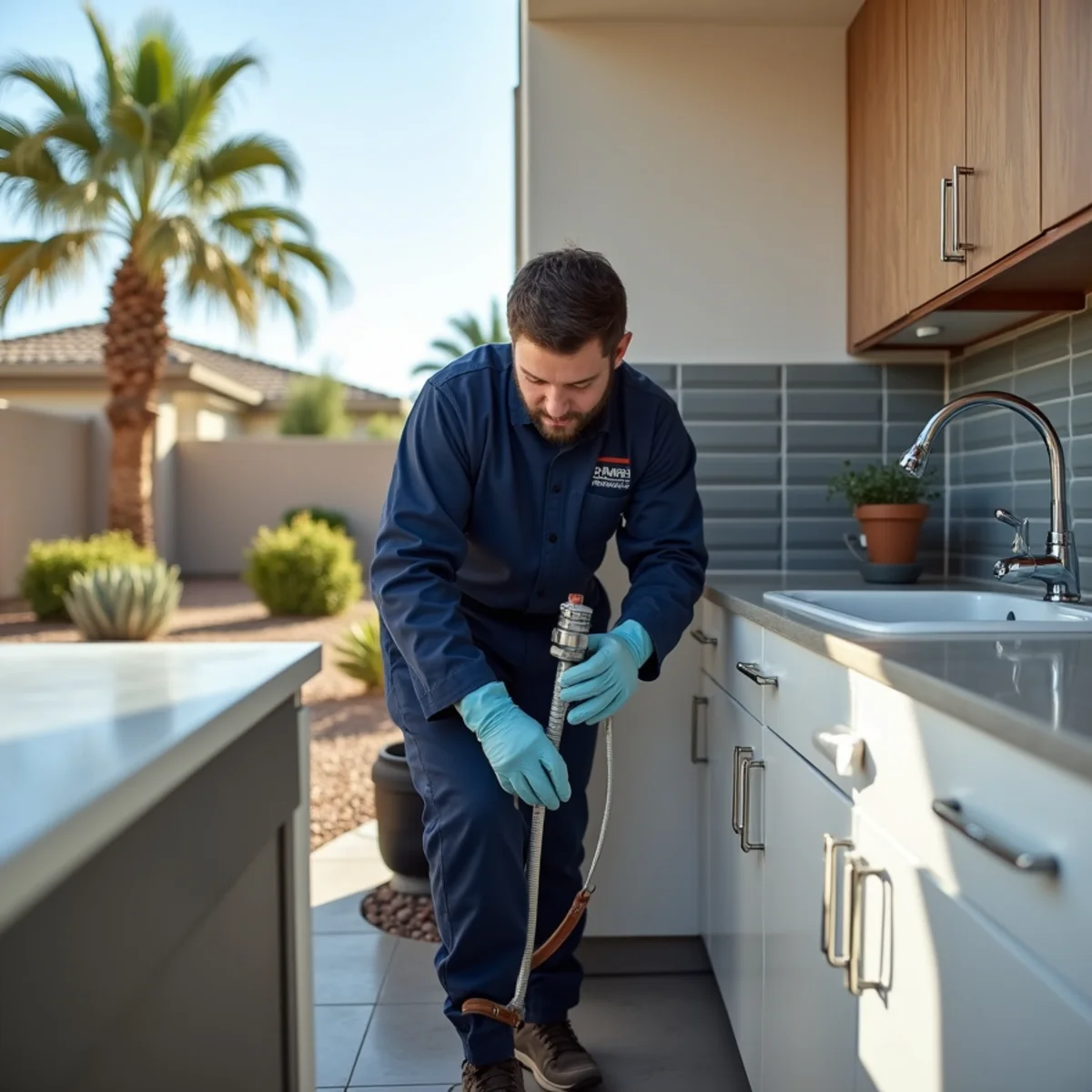 Madrid Plumbing technician clearing a kitchen drain line in a Buckeye, AZ home