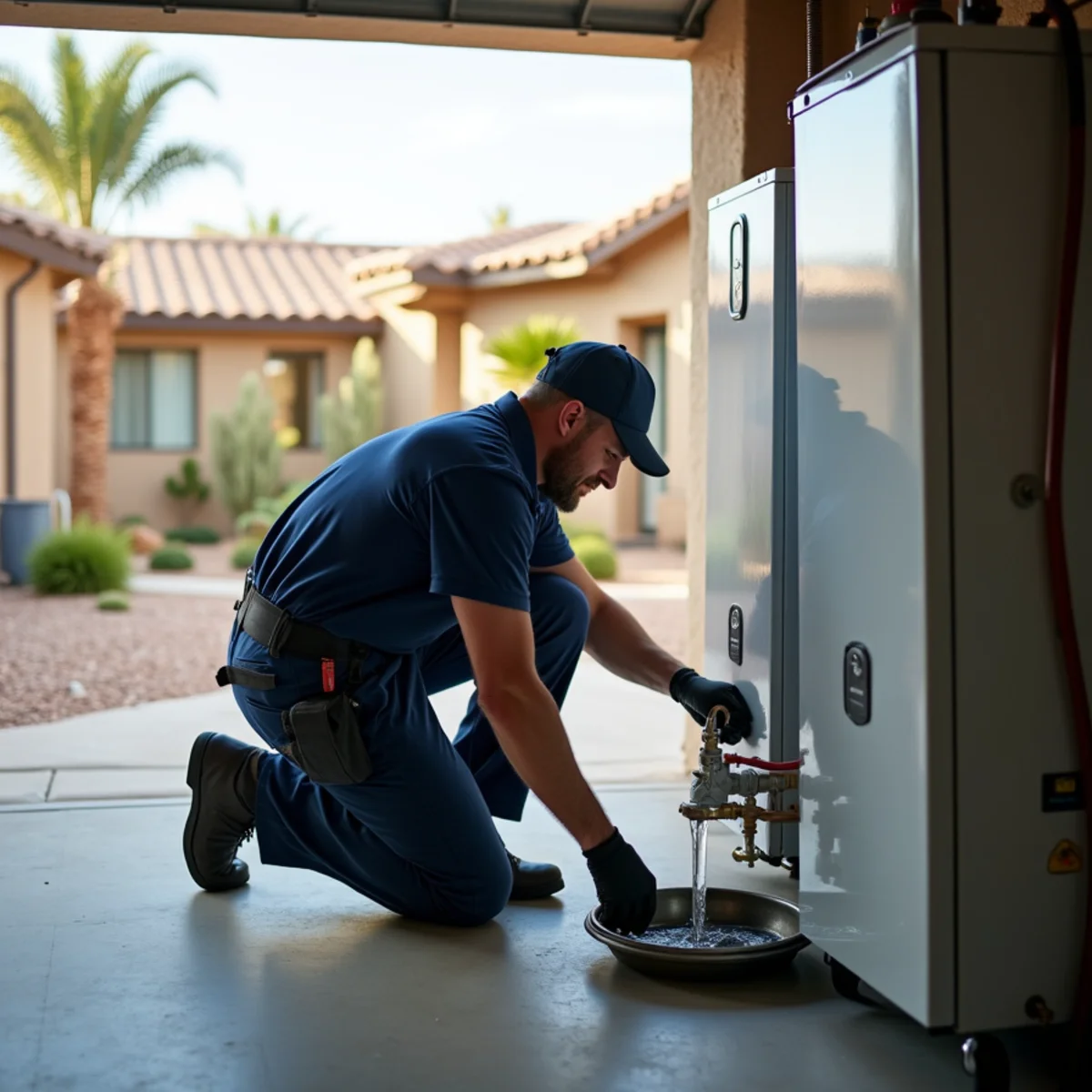 Madrid Plumbing technician responding to a leaking water heater emergency in a Buckeye, AZ home