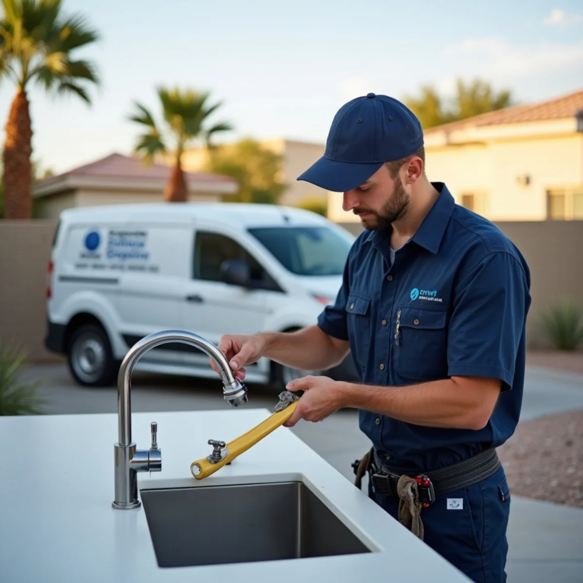 Madrid Plumbing technician installing a new kitchen faucet in a Buckeye, AZ home