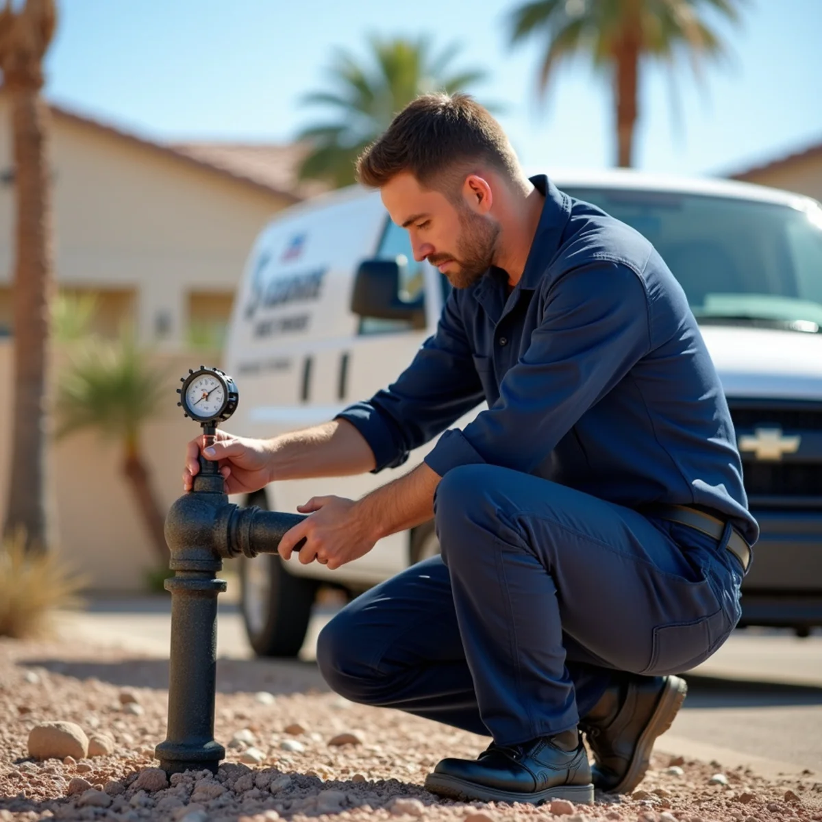 Madrid Plumbing technician inspecting and testing a residential gas line in a Buckeye, AZ home