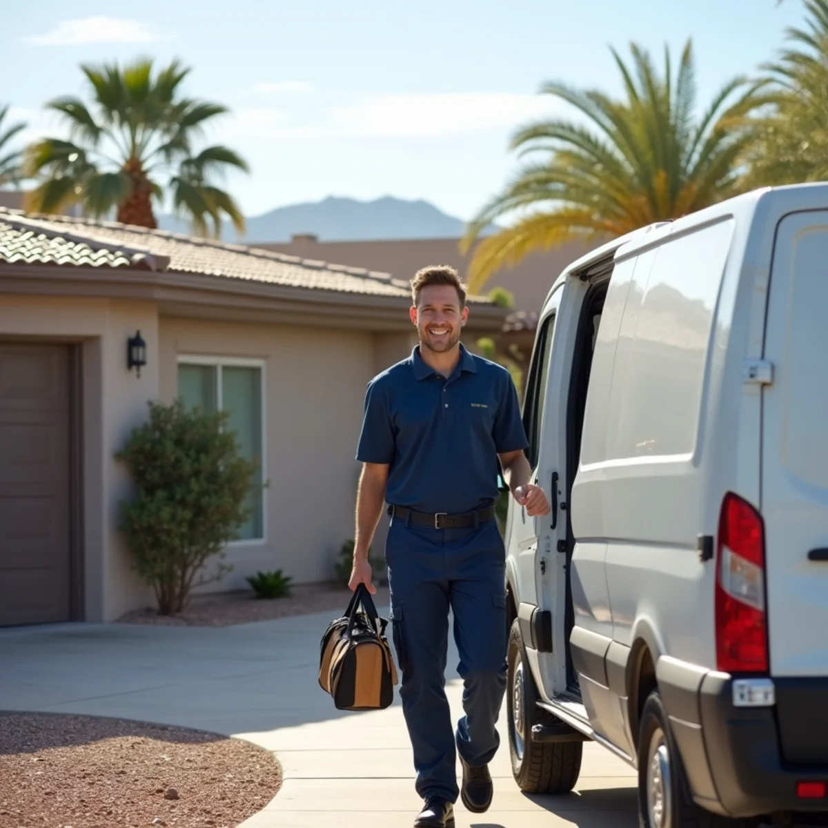 Madrid Plumbing technician arriving at a Buckeye, AZ home in a branded service van