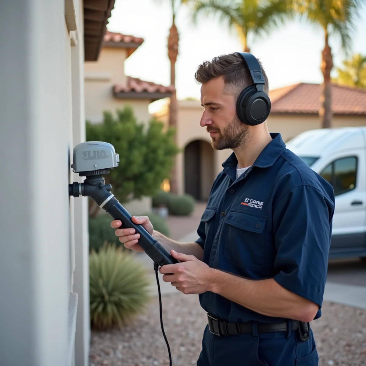 Madrid Plumbing technician using acoustic leak detection equipment in a Buckeye, AZ home