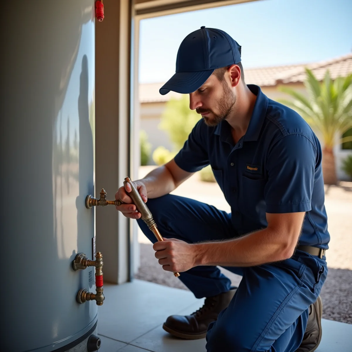 Madrid Plumbing licensed plumber working on a water heater in a Buckeye, AZ home