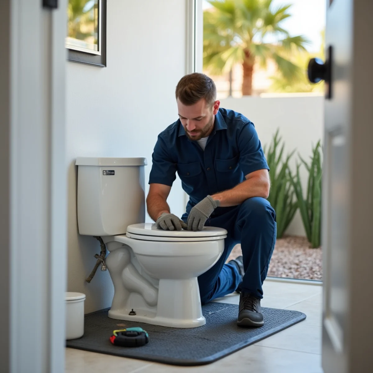 Madrid Plumbing technician installing a new toilet in a Buckeye, AZ bathroom